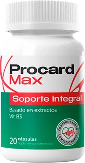 Frasco de Procard Max con 20 cápsulas para la presión arterial