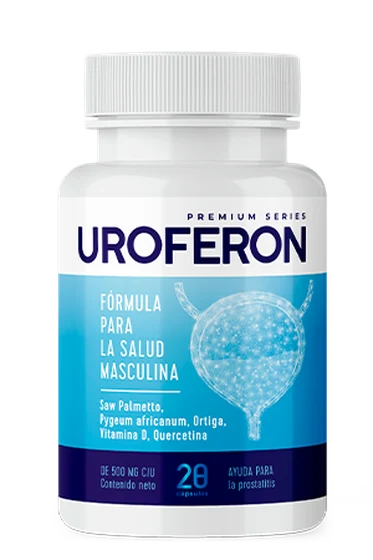 Frasco de Uroferon con 20 cápsulas de 500 mg para la salud de la próstata