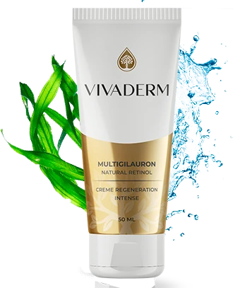 Frasco de crema facial Vivaderm con ácido hialurónico y bakuchiol